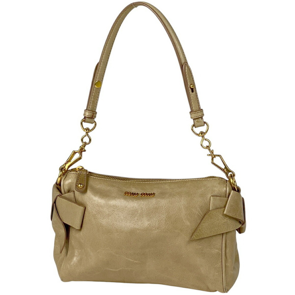 Miu Miu Logo Chain Handbag Rion Clutch Shoulder Bag Leather Beige
